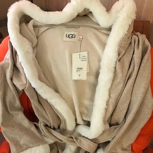 UGG Cream & Beige Plush Hooded Robe with Faux Fur Trim